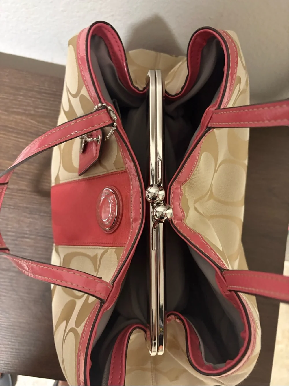 Coach Beige Signature Tote with Pink Trim - Picture 6 of 10